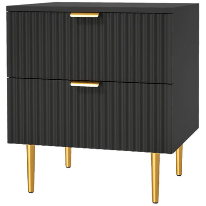 Modern Nightstand with Gold Finger Pulls and Fluted Drawers, Black