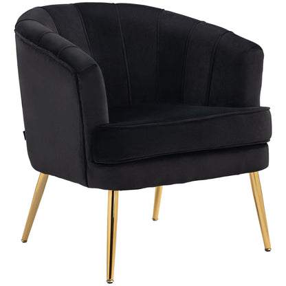 Channel-Tufted Tub Armchair with Velvet Upholstery and Gold Legs, Black
