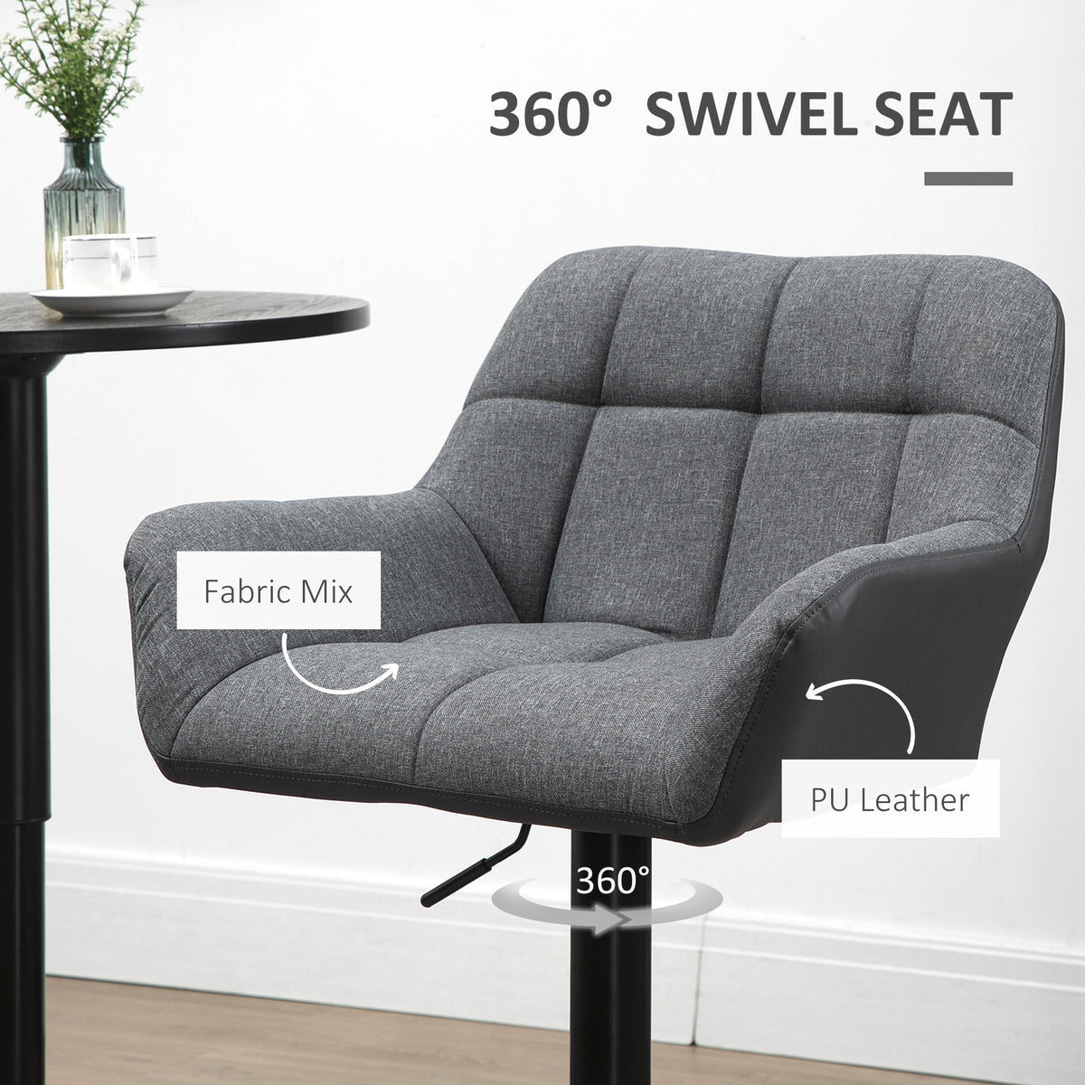 Adjustable Swivel Bar Stools with PU Leather Upholstery and Footrest, Grey (Set of 2)