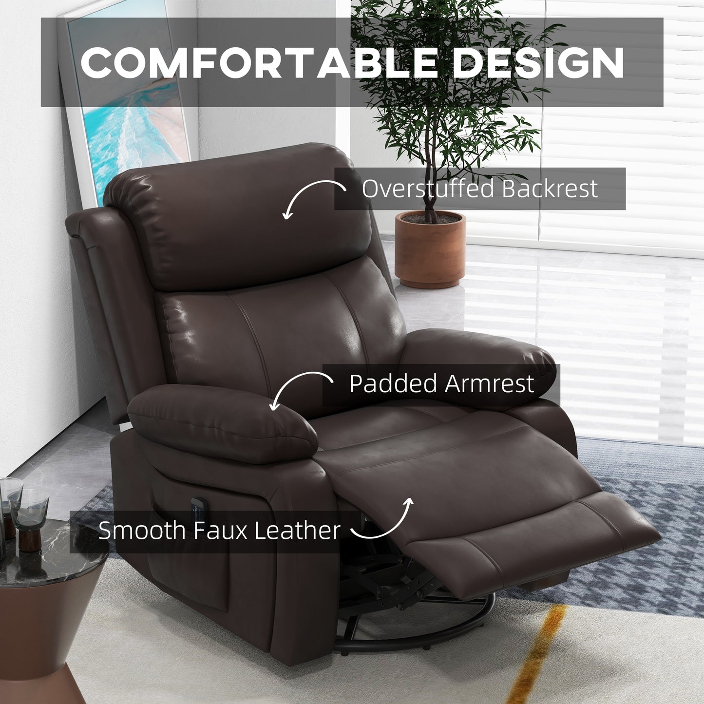 PU Leather Massage Recliner Chair with Swivel Base, Brown