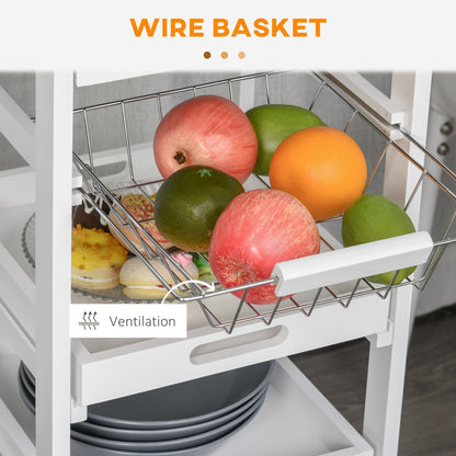 Rolling Kitchen Utility Cart with Drawer and Wire Basket, White