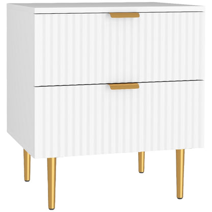 Modern Nightstand with Gold Finger Pulls and Fluted Drawers, White
