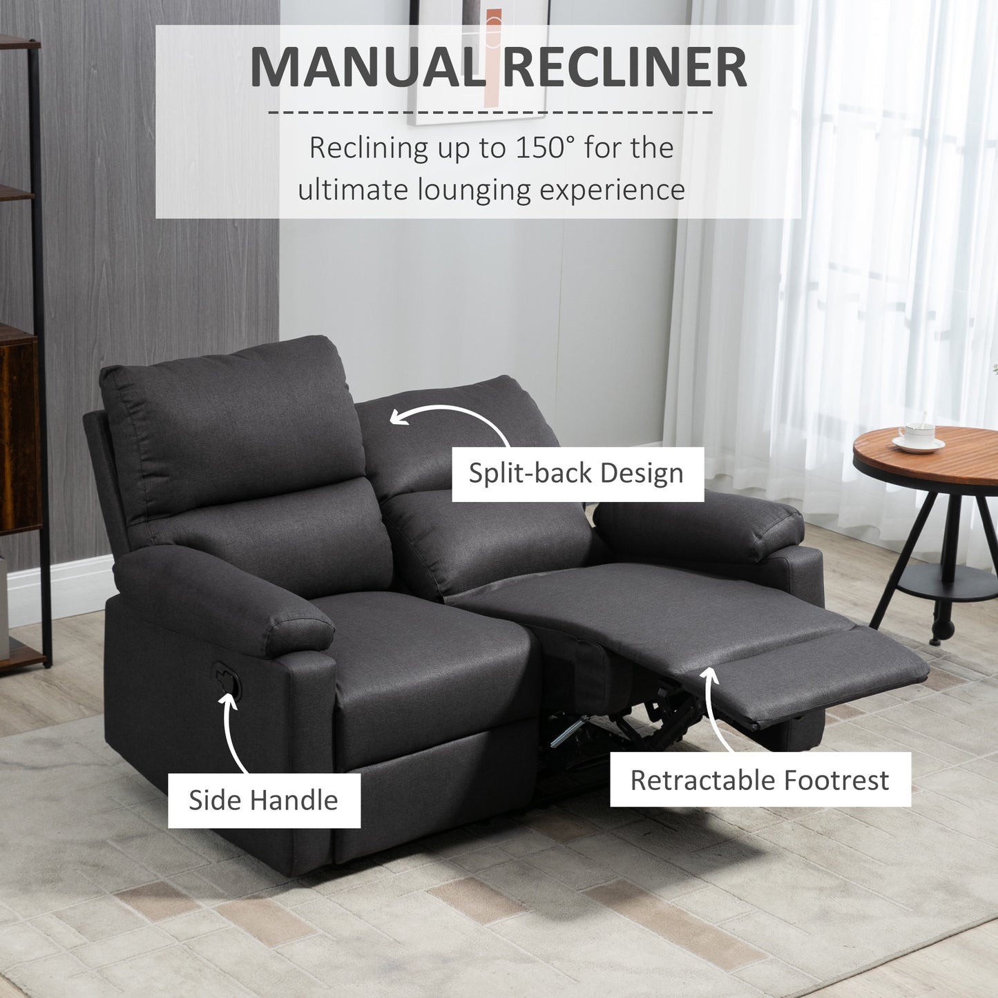 Manual Reclining Loveseat with Footrest, Dark Grey