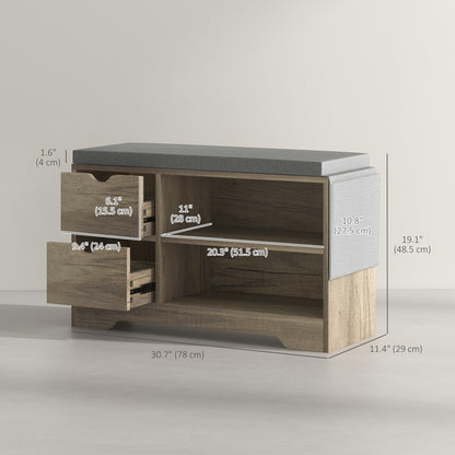 Upholstered Shoe Storage Bench with Drawer and Shelves, Grey