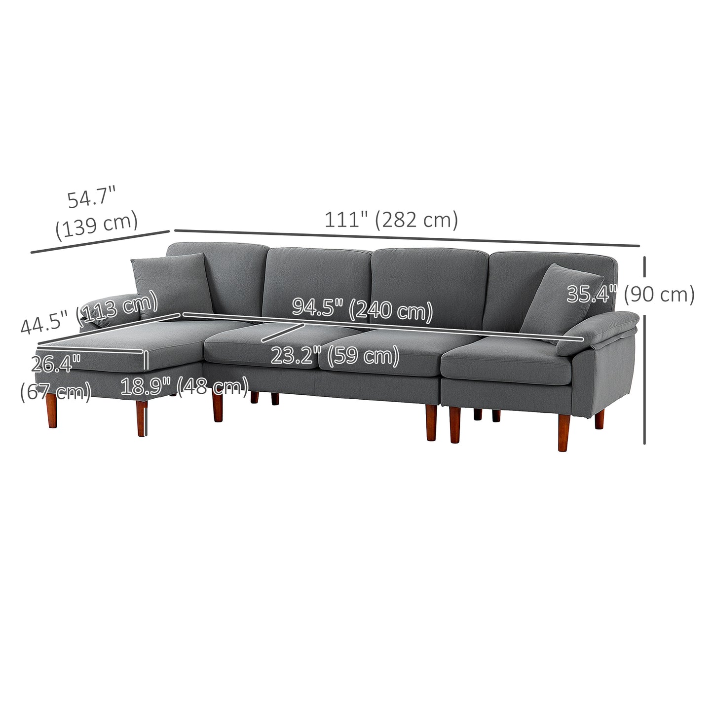 L-Shaped Sectional Sofa with Reversible Chaise and Pillows, Dark Grey