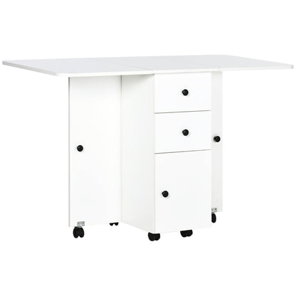 Rolling Dining Table with Storage Drawers and Cabinet - White