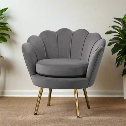 Modern Velvet Accent Chair with Lotus Backrest and Gold Legs, Grey