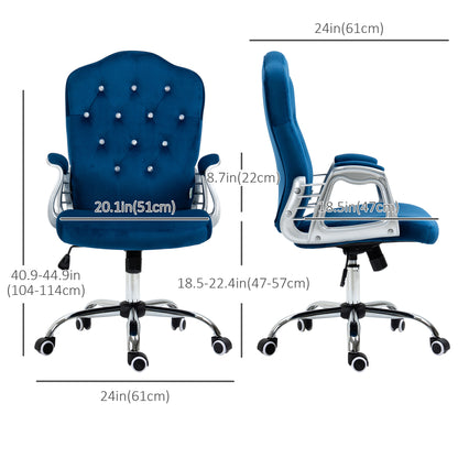 Velvet Swivel Office Chair with Button Tufted Design and Adjustable Height, Dark Blue