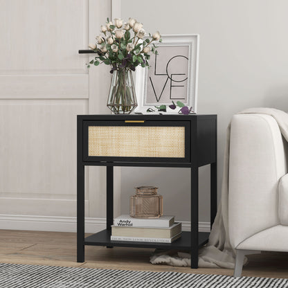 Boho Nightstand with Rattan Drawer and Open Shelf, Black