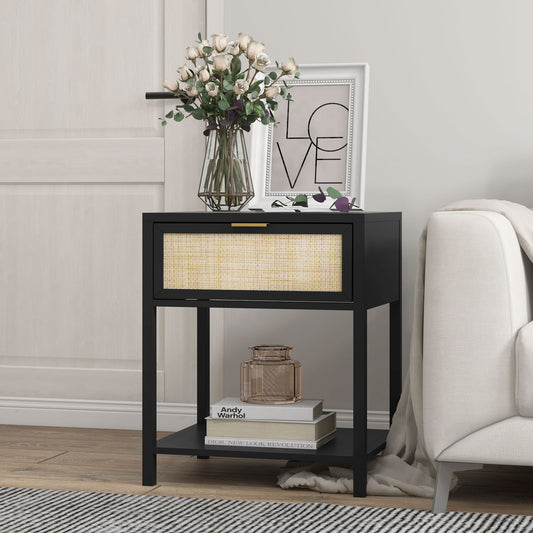 Boho Nightstand with Rattan Drawer and Open Shelf, Black