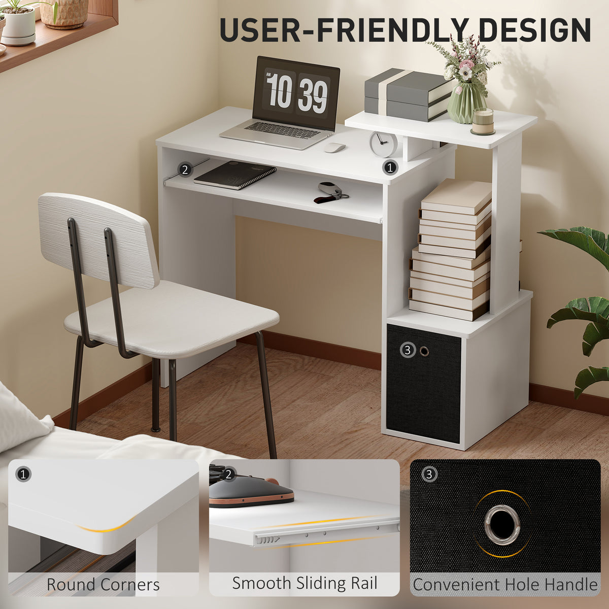 39" Computer Desk with Keyboard Tray, Drawer and Shelf, White
