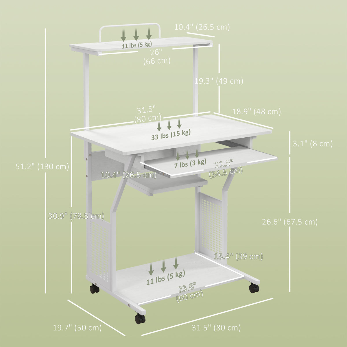 32" Mobile Computer Desk with Keyboard Tray and Shelves, White