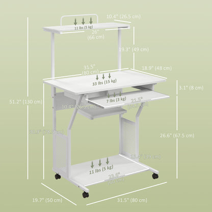 32" Mobile Computer Desk with Keyboard Tray and Shelves, White