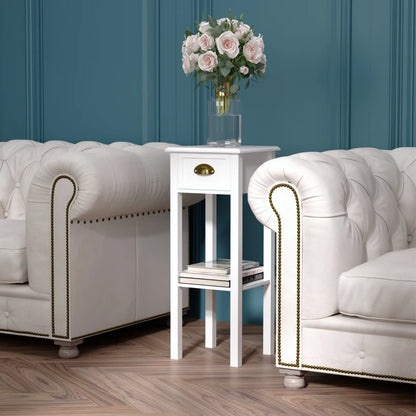 Narrow Tall Side Tables with Drawer and Shelf, White (Set of 2)