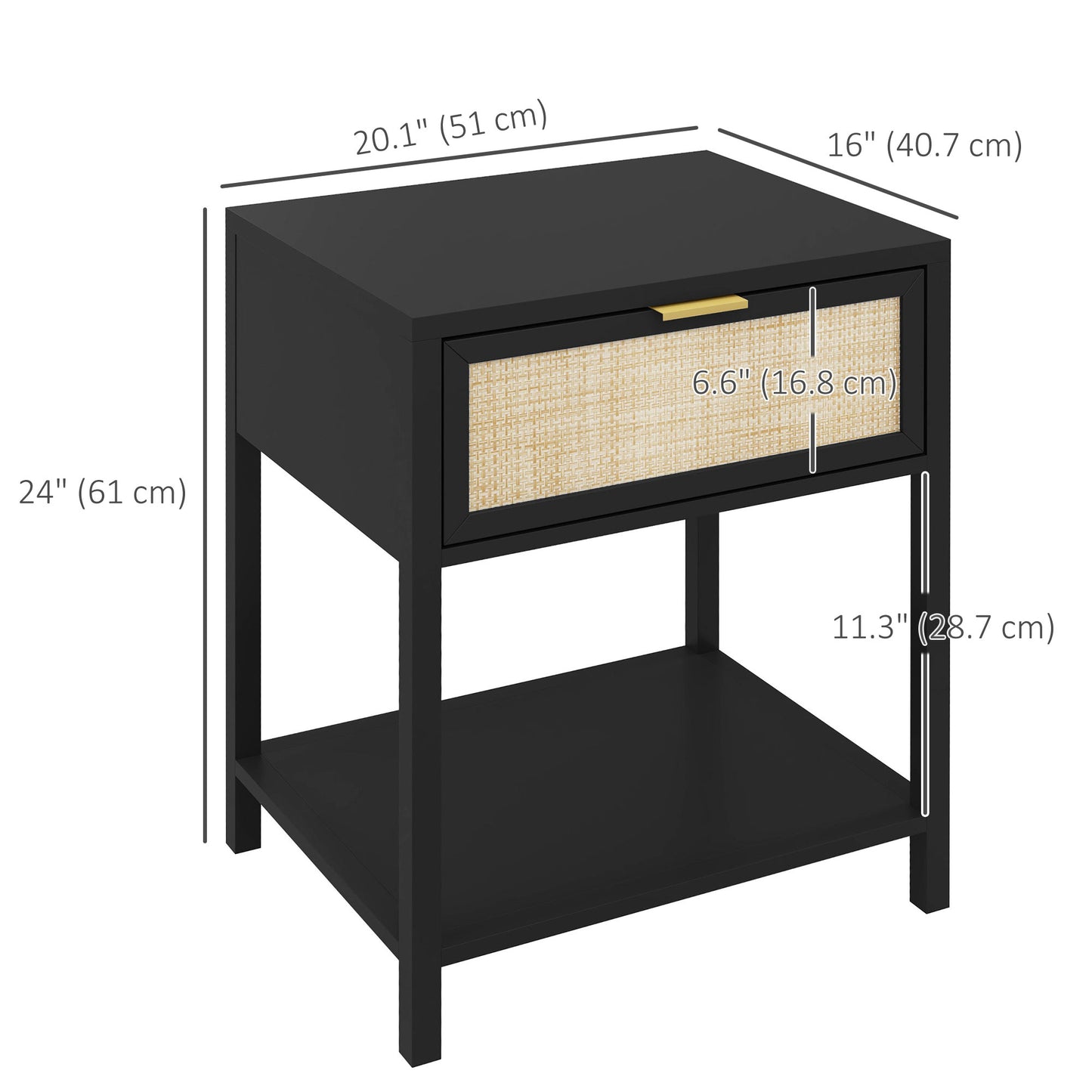 Boho Nightstand with Rattan Drawer and Open Shelf, Black