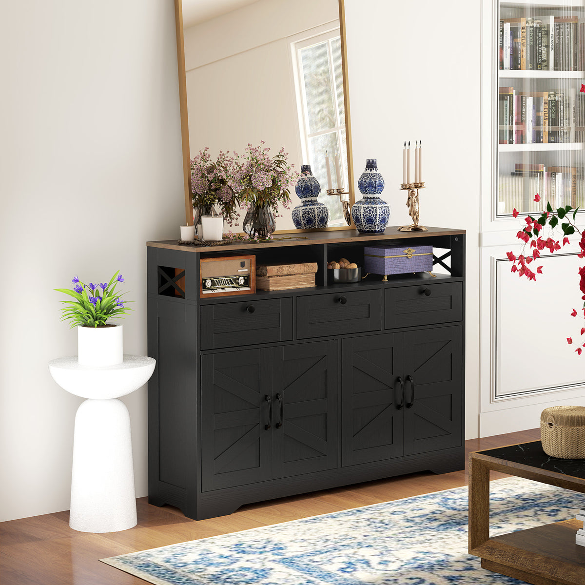 Sideboard Buffet Cabinet with Barn Doors and Drawers, Black
