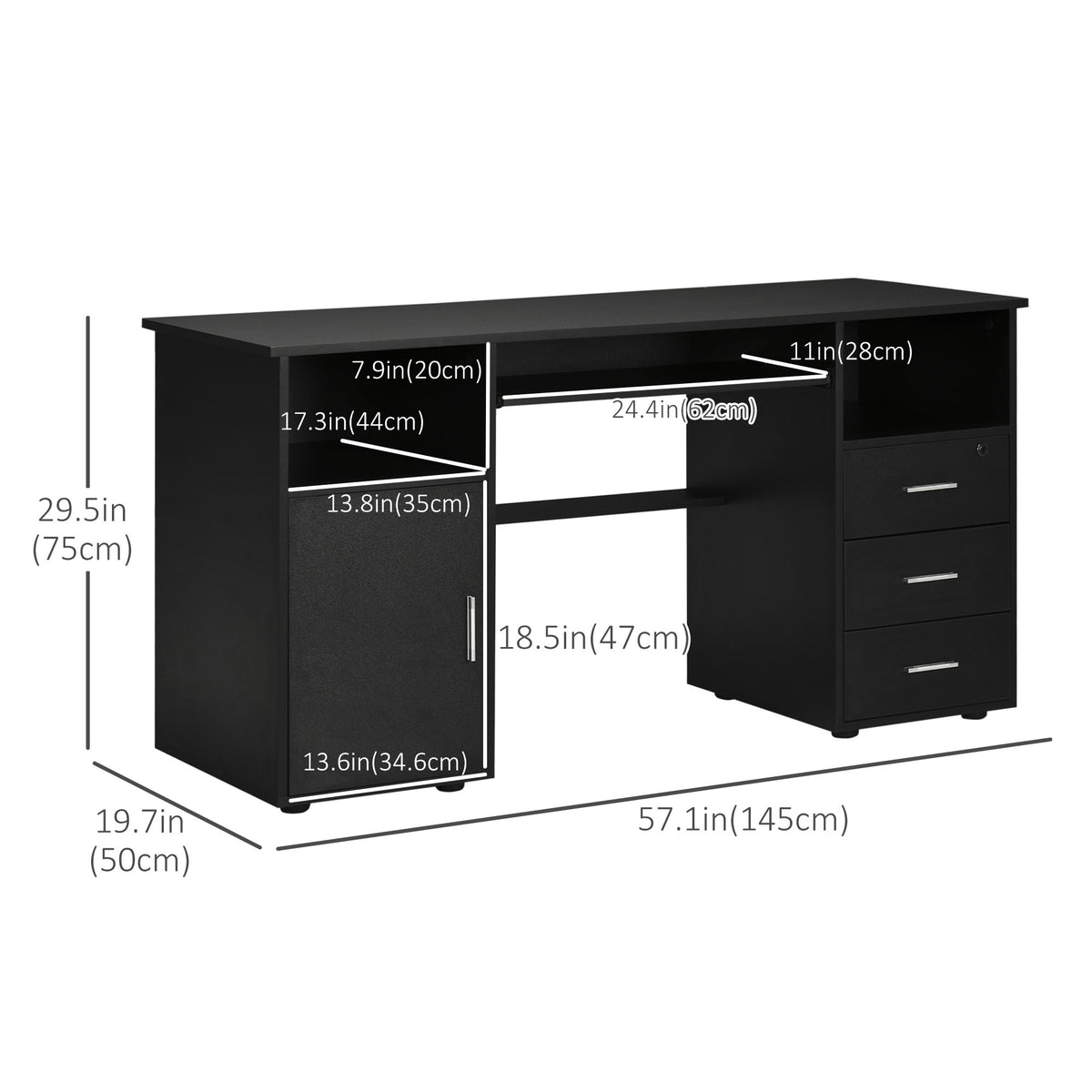 57" Computer Desk with Keyboard Tray and Lockable Drawer, Black