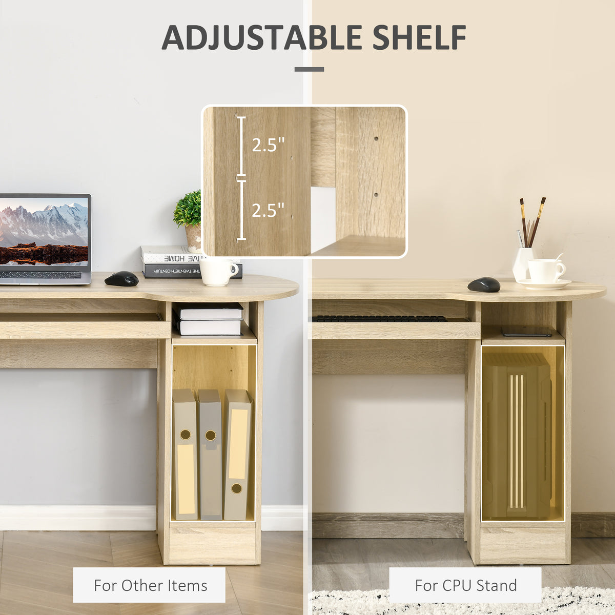 Computer Desk with Keyboard Tray, Shelves and Drawers, Natural