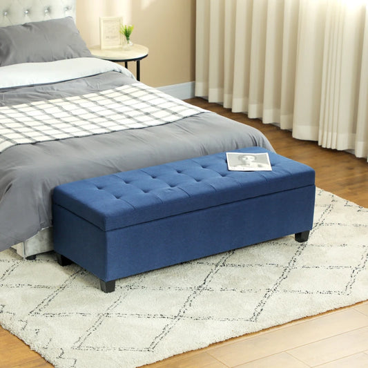 Rectangular Tufted Storage Bench with Wood Feet, Blue