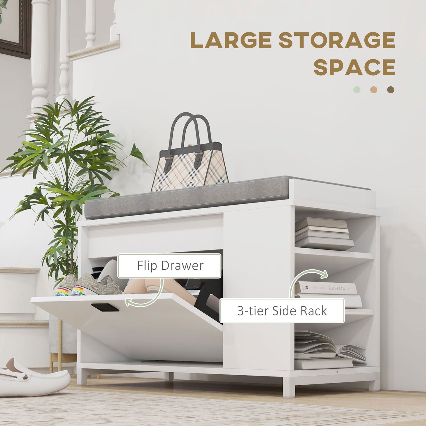 Upholstered Shoe Storage Bench with Flip Drawer and Side Rack for 6 Pairs, White