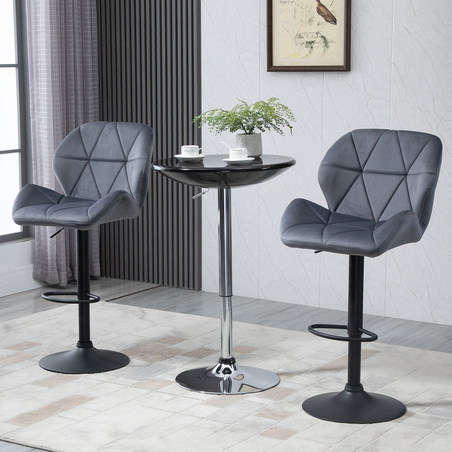 Velvet-Touch Adjustable Height Bar Stools with Diamond Tufting, Gray (Set of 2)