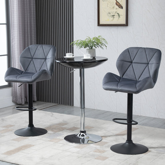 Velvet-Touch Adjustable Height Bar Stools with Diamond Tufting, Gray (Set of 2)