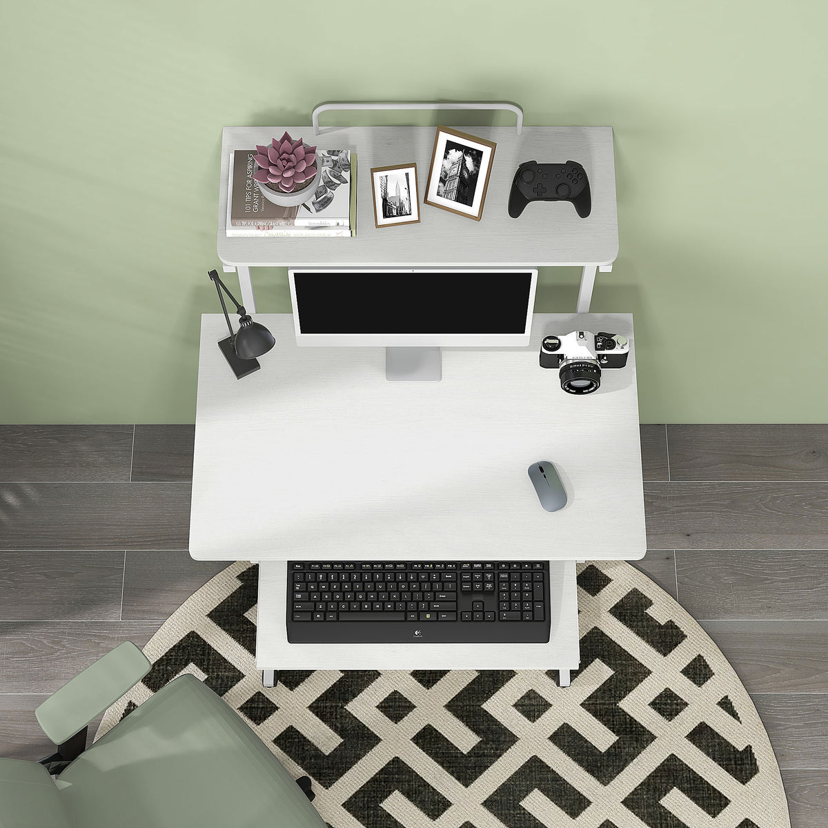 32" Mobile Computer Desk with Keyboard Tray and Shelves, White