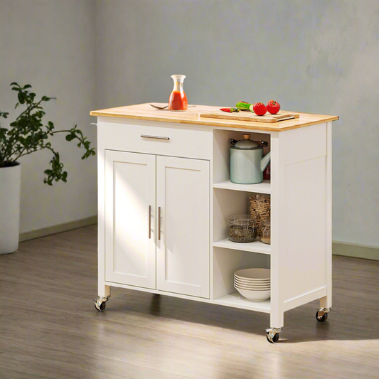 Wooden Rolling Kitchen Island with 360° Swivel Wheels, Drawer and Towel Rack, White