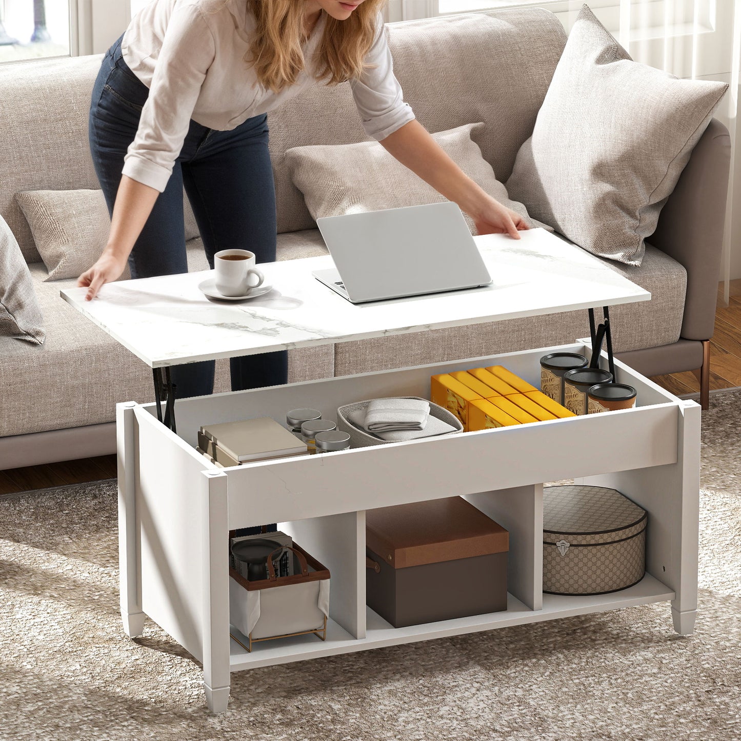 Modern Coffee Table with Tempered Glass Top, White