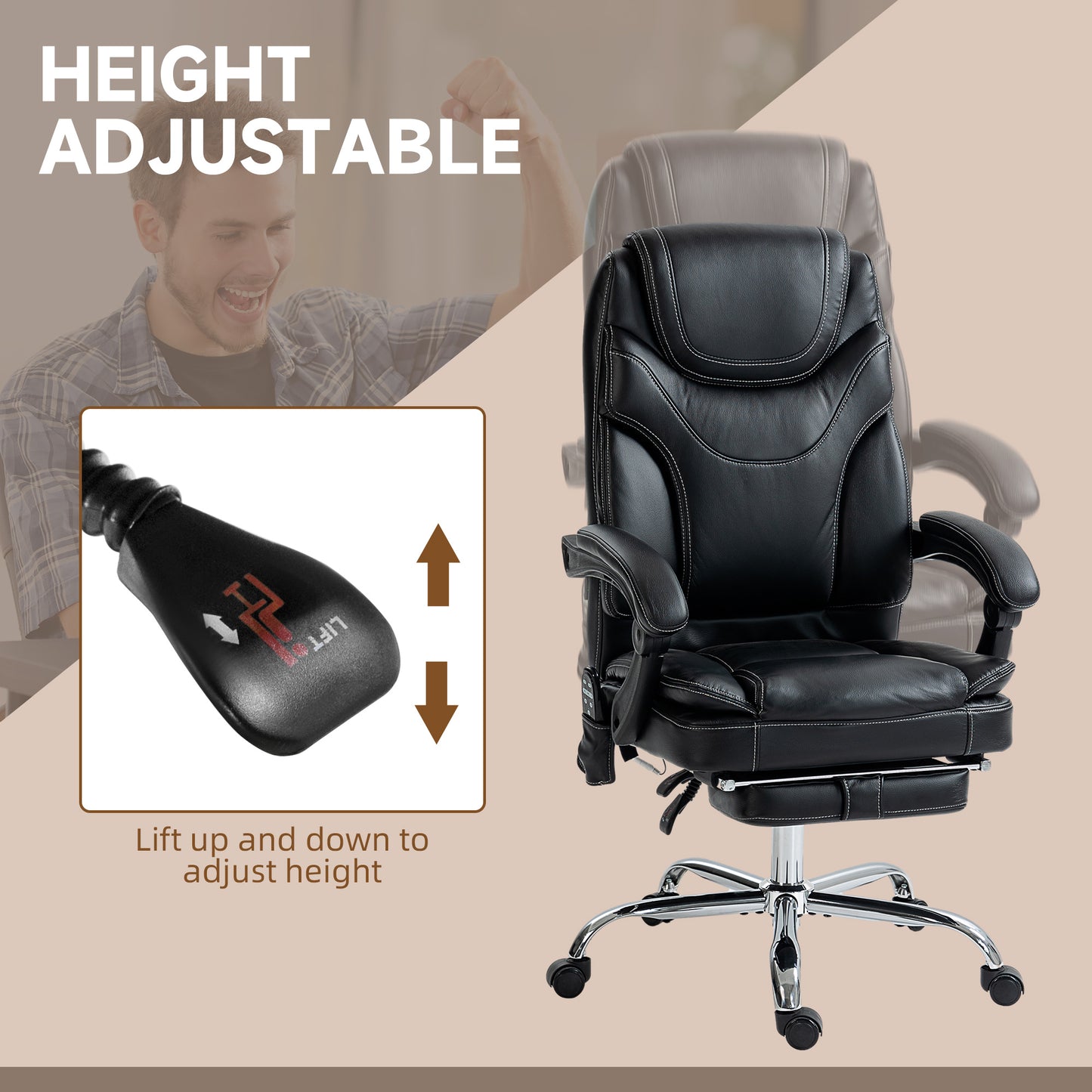 6-Point Vibration Massage Office Chair with Heating and Footrest, Black