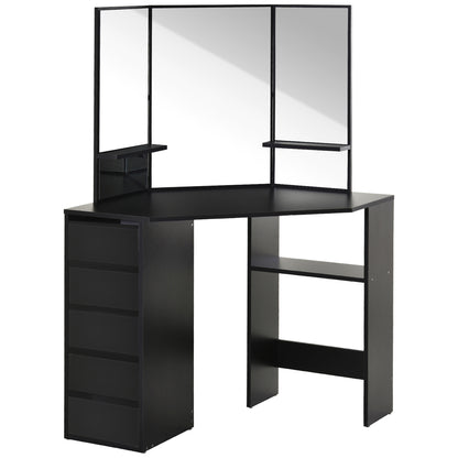 Corner Makeup Vanity Desk with 3-Piece Mirror, Black