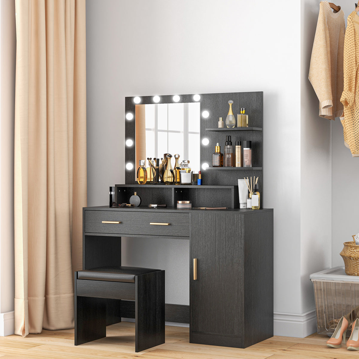 LED Vanity Table Set with Stool and Storage, Black