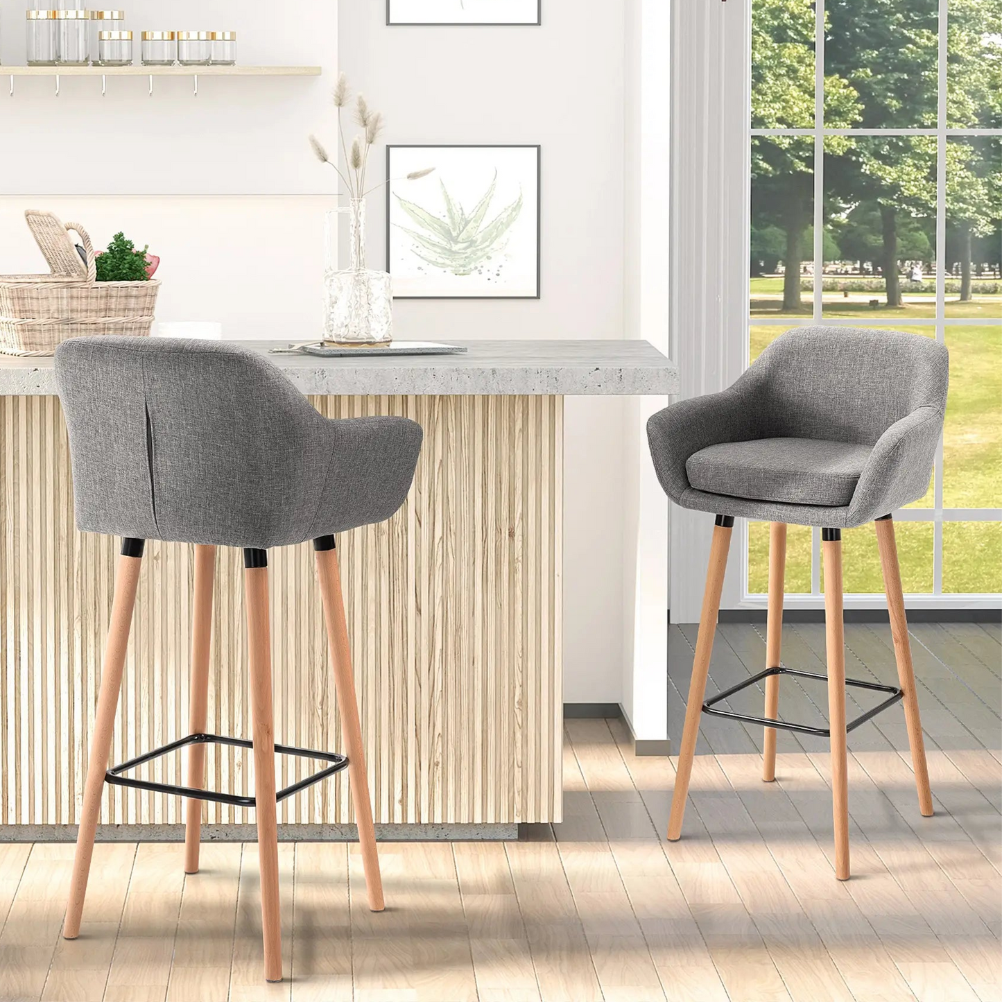 Bar Stools with Linen Fabric and Beech Wood Legs, Gray (Set of 2)
