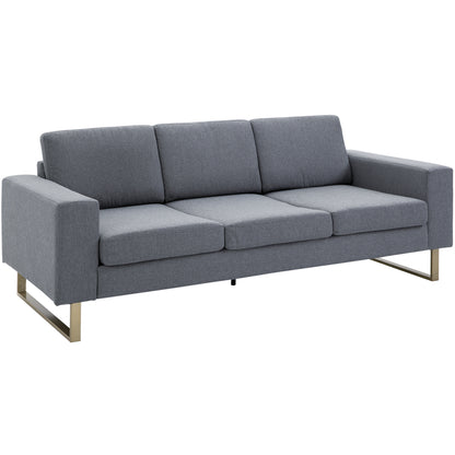 Modern Three-Seat Linen Sofa with Steel Legs, Grey