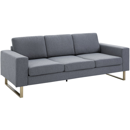 Modern Three-Seat Linen Sofa with Steel Legs, Grey