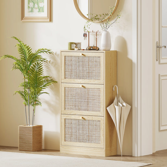 Rattan Front Shoe Cabinet with 3 Flip Drawers for 18 Pairs, Oak