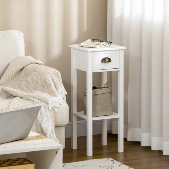 Narrow Tall Side Tables with Drawer and Shelf, White (Set of 2)