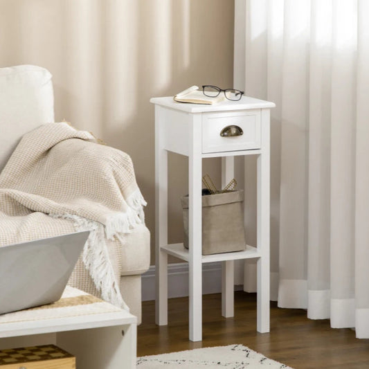 Narrow Tall Side Tables with Drawer and Shelf, White (Set of 2)