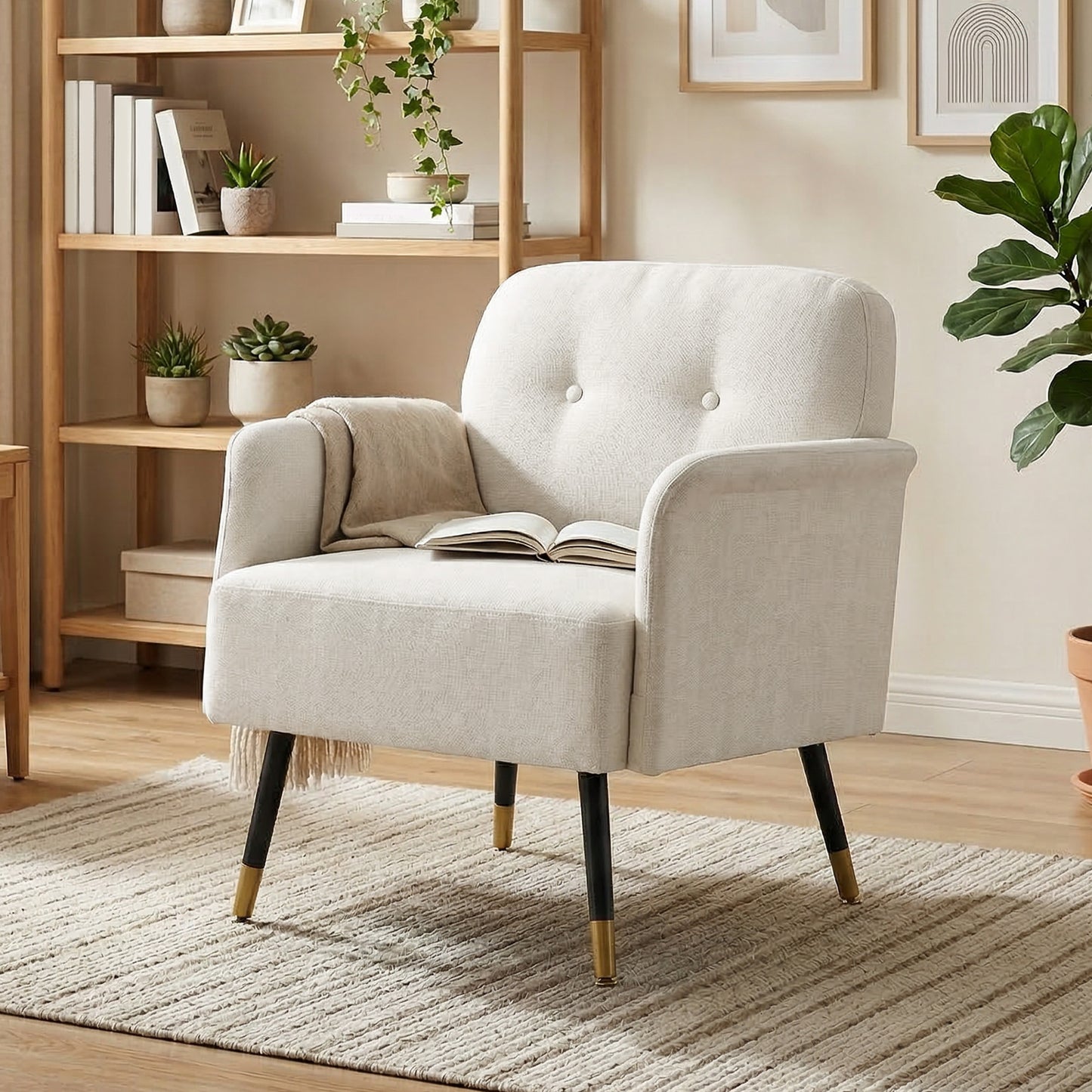 Modern Accent Chair with Curved Back, Cream White