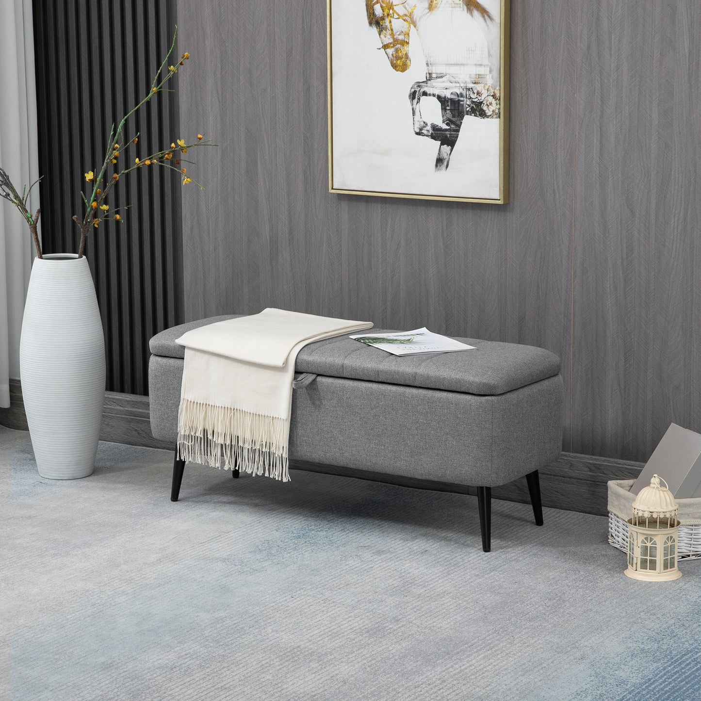 40" Linen Storage Ottoman Bench with Steel Legs, Gray