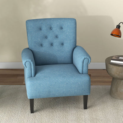 Fabric Accent Chair with Wood Legs and Rolled Arms, Blue