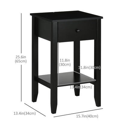 2-Tier Side Tables with Drawer and Shelf, Black (Set of 2)