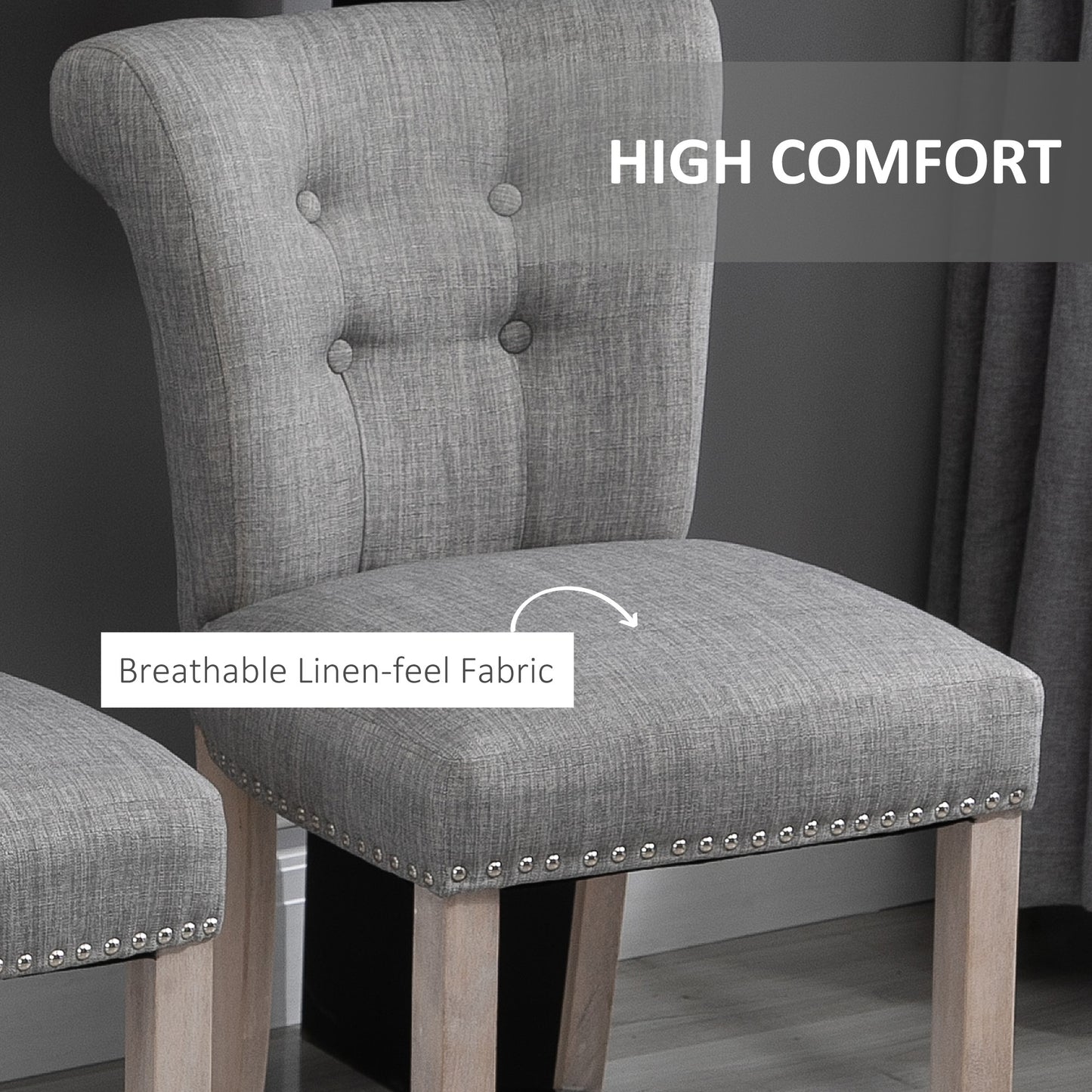Upholstered Counter Stools with Button Tufted Back and Wood Legs, Gray (Set of 2)