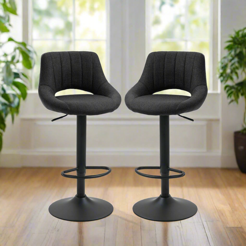 Adjustable Height Swivel Bar Stools with Linen Upholstery, Black (Set of 2)