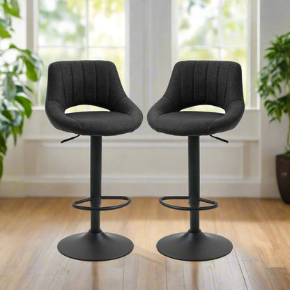 Adjustable Height Swivel Bar Stools with Linen Upholstery, Black (Set of 2)