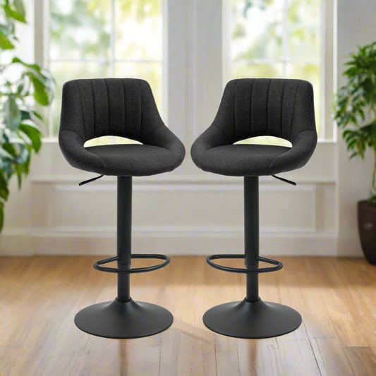 Adjustable Height Swivel Bar Stools with Linen Upholstery, Black (Set of 2)