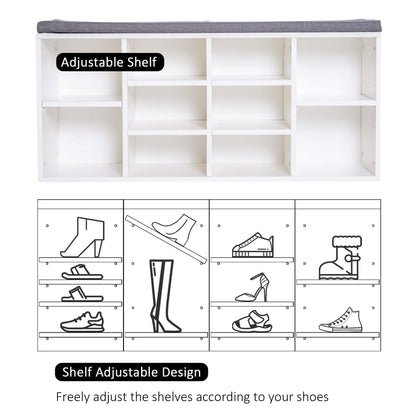 Upholstered Shoe Storage Bench with Adjustable Shelves, White