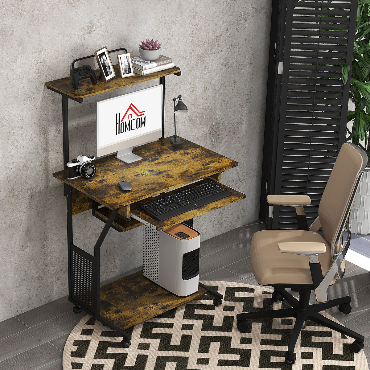 32" Mobile Computer Desk with Keyboard Tray and Shelves, Rustic Brown