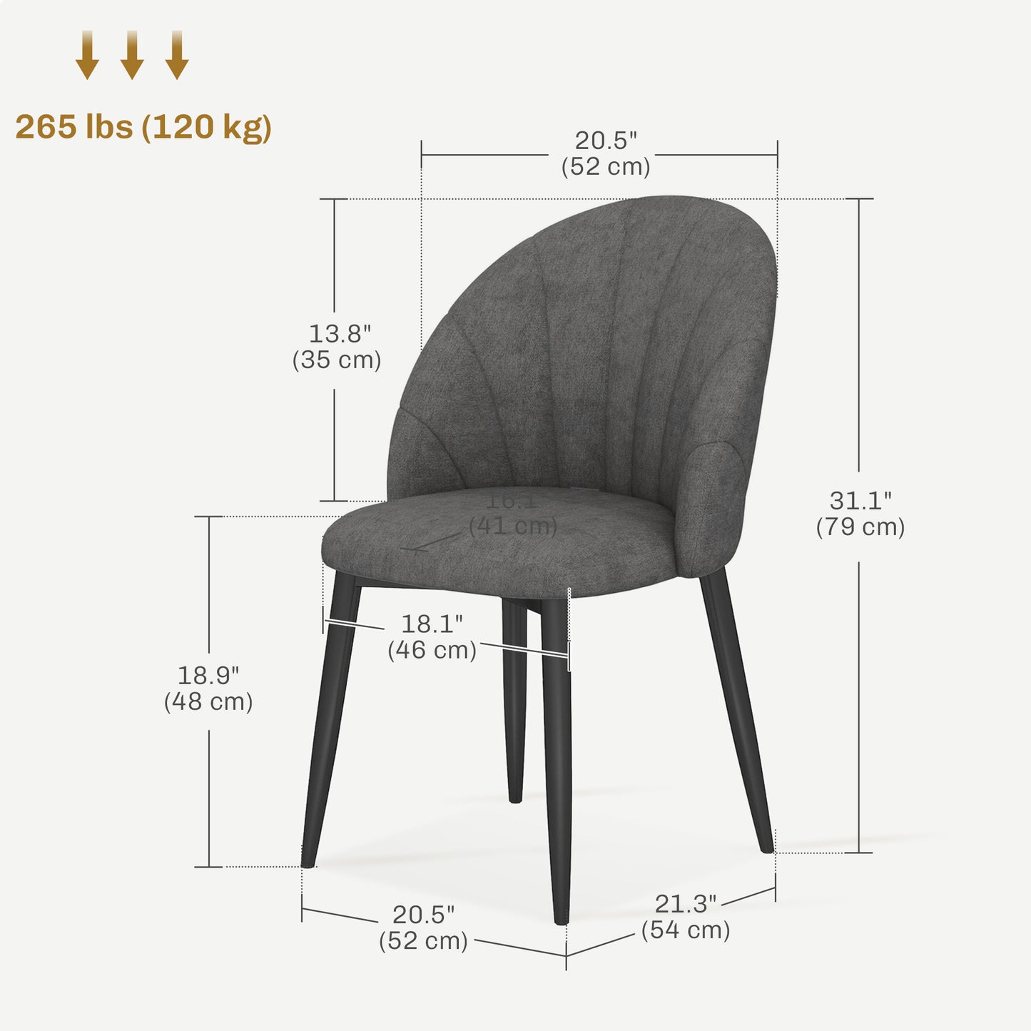 Upholstered Dining Chairs with Shell Backrest and Metal Legs, Dark Grey (Set of 4)