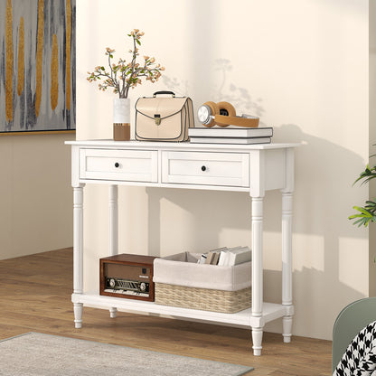 36" Console Table with Classic Turned Legs and Storage, White